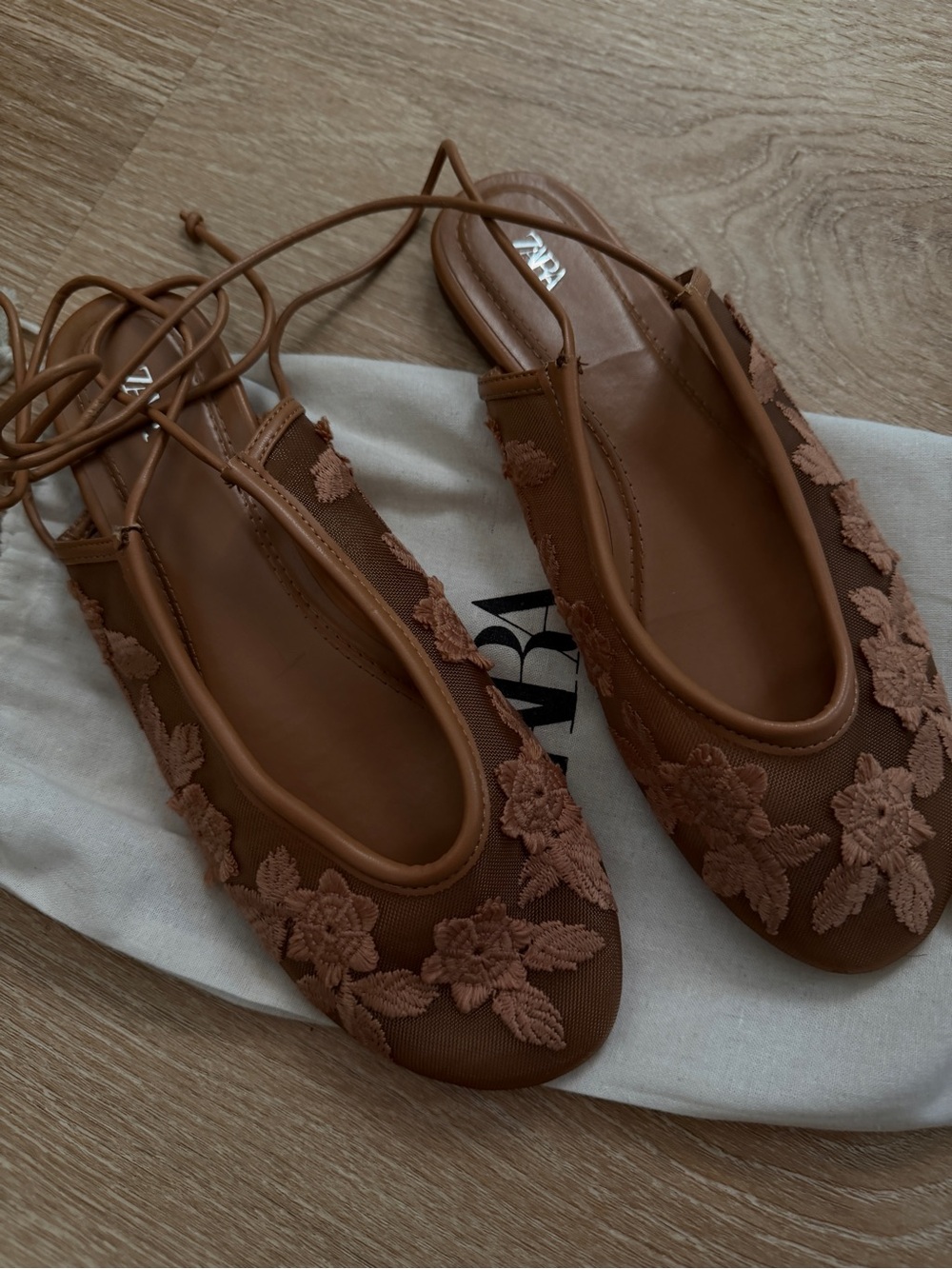 Zara Tan Brown Floral Lace-Up Ballet Flats